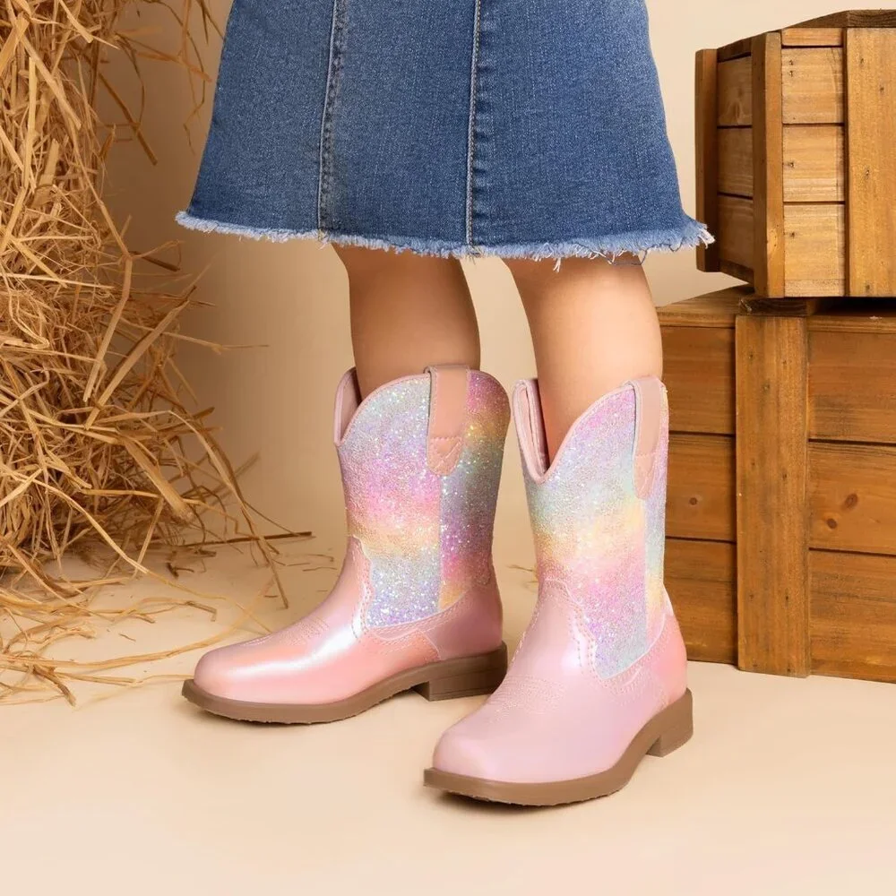 ⚡Girls Pink Rainbow Toddler Cowgirl Boots Western Square Toe Riding Mid Calf